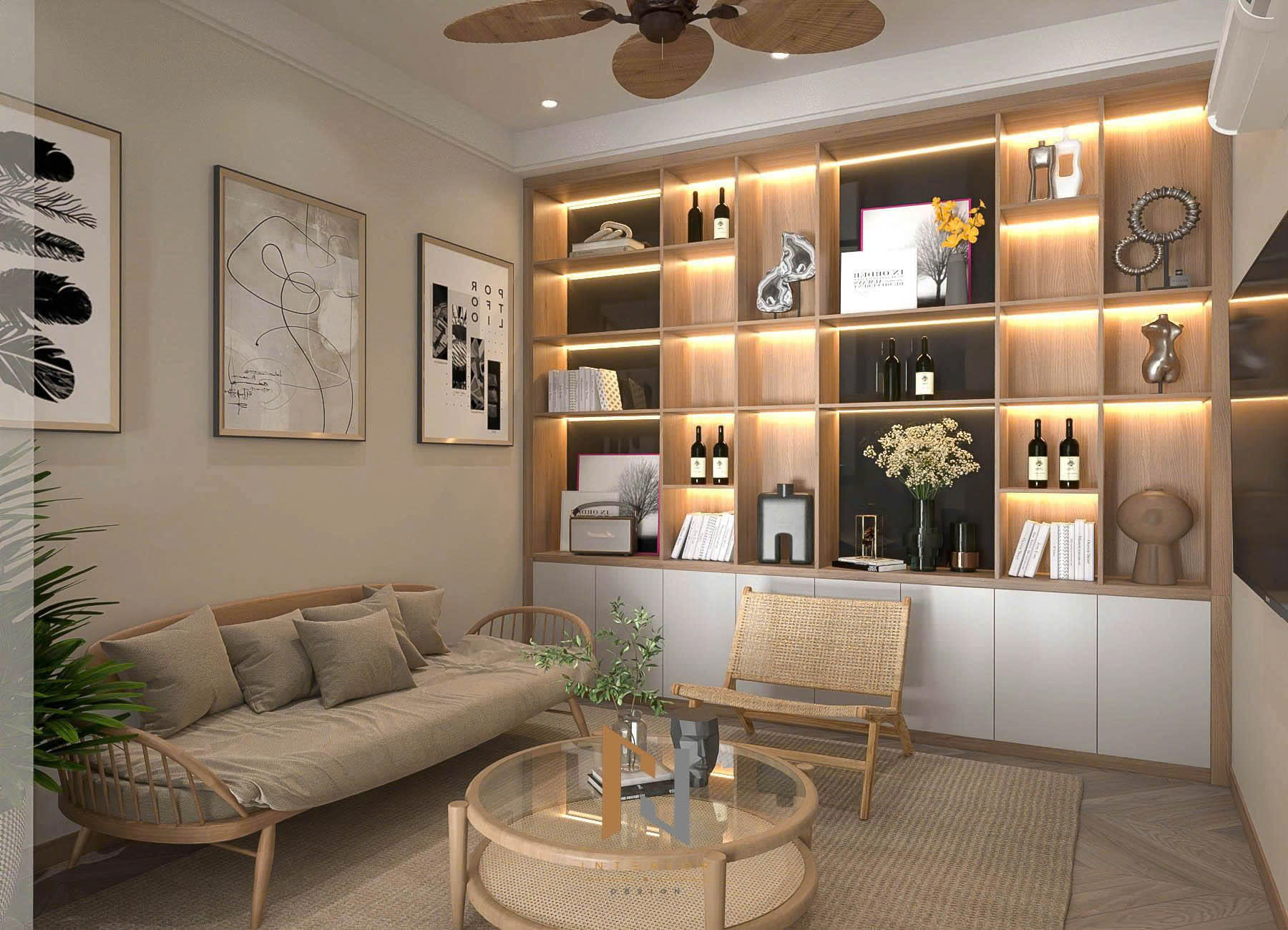 Phối cảnh 3D phòng thư giãn với sofa gỗ và hệ kệ trưng bày