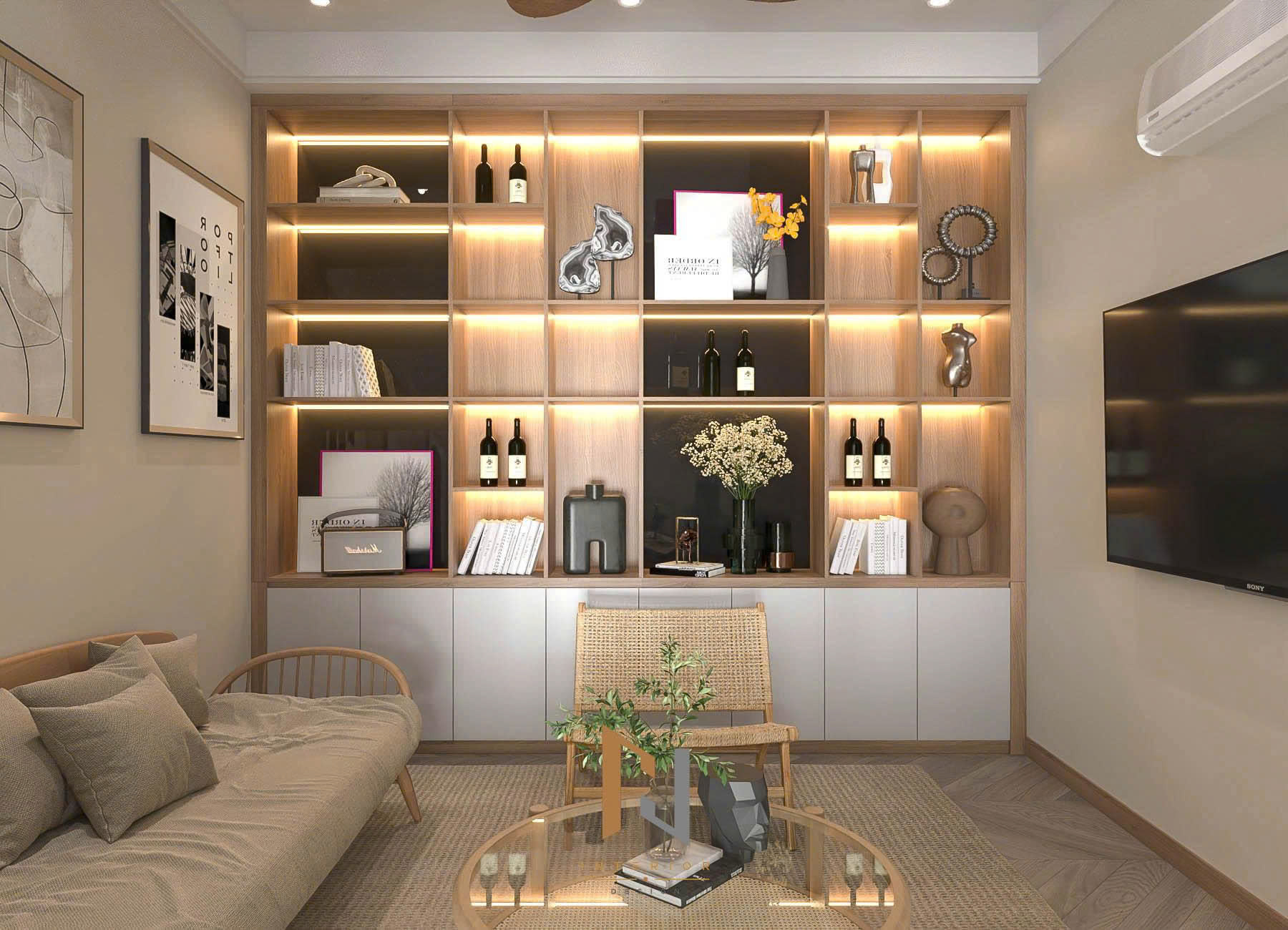 Phối cảnh 3D hệ kệ trang trí có ánh sáng tích hợp