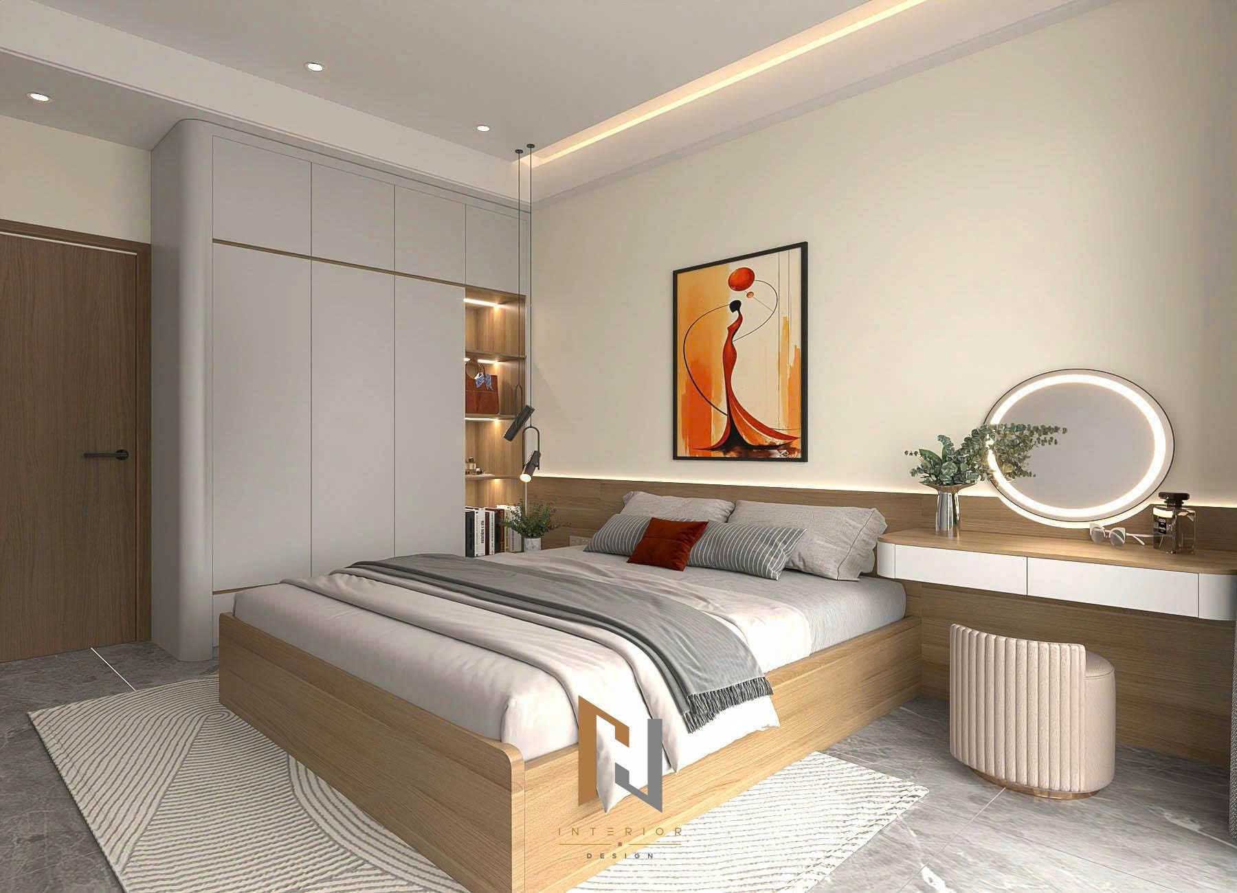 Phối cảnh 3D phòng ngủ chính với bàn trang điểm và tủ áo kịch trần