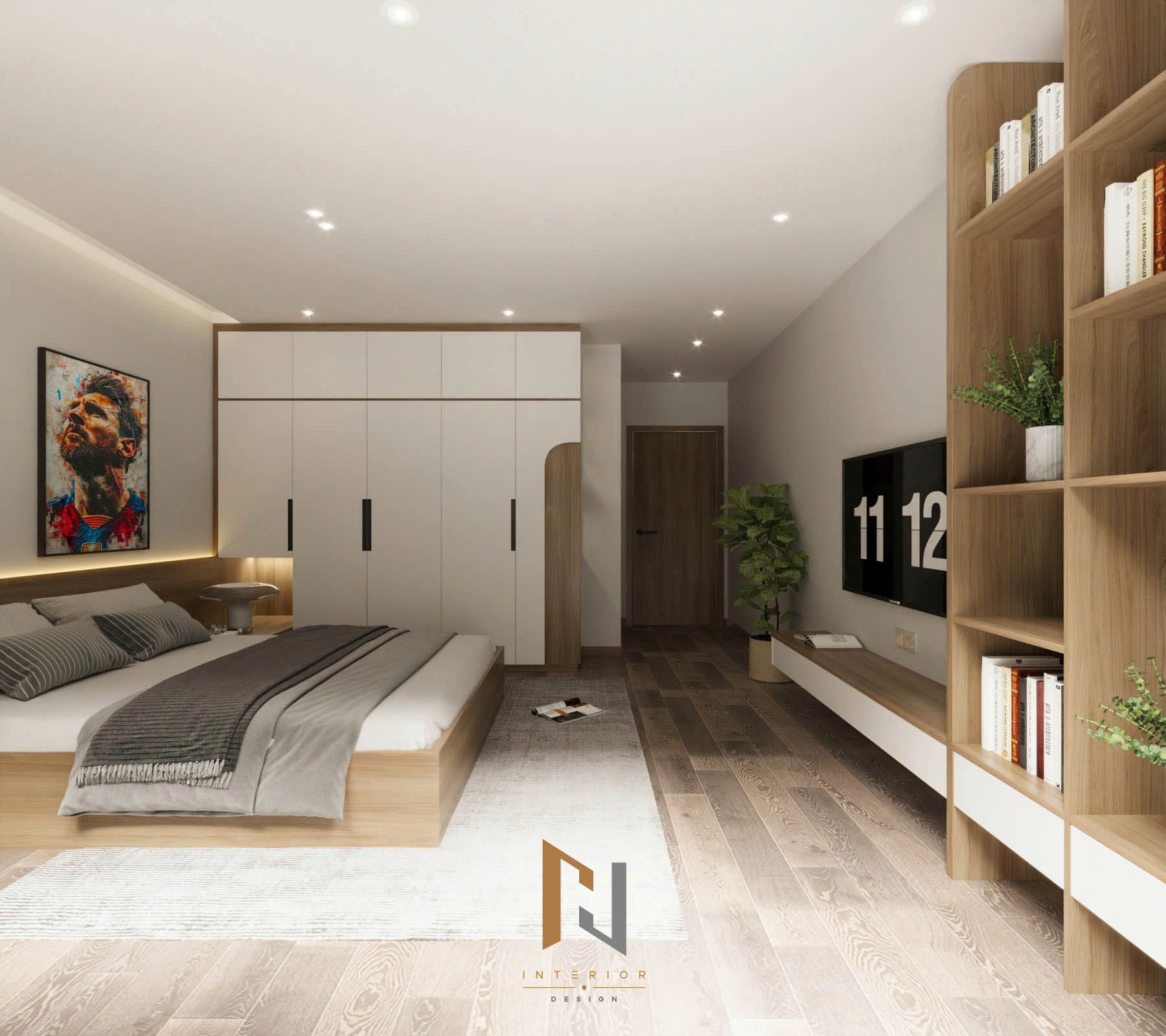 Phối cảnh 3D phòng ngủ với kệ TV và hệ tủ lưu trữ