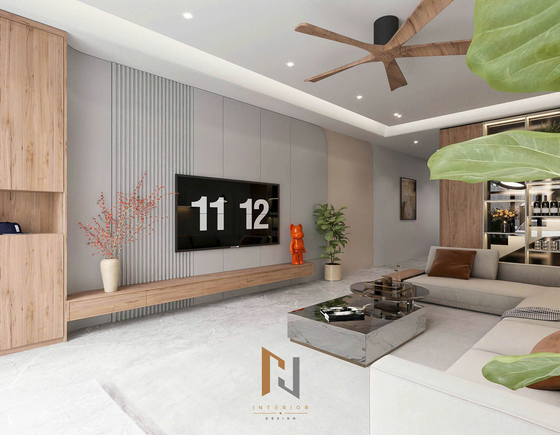 Phối cảnh 3D hệ kệ TV treo và vách trang trí phòng khách