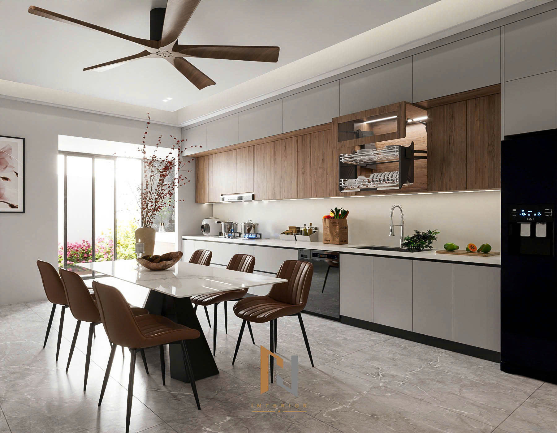Phối cảnh 3D hệ tủ bếp hai tầng và bàn ăn sáu chỗ
