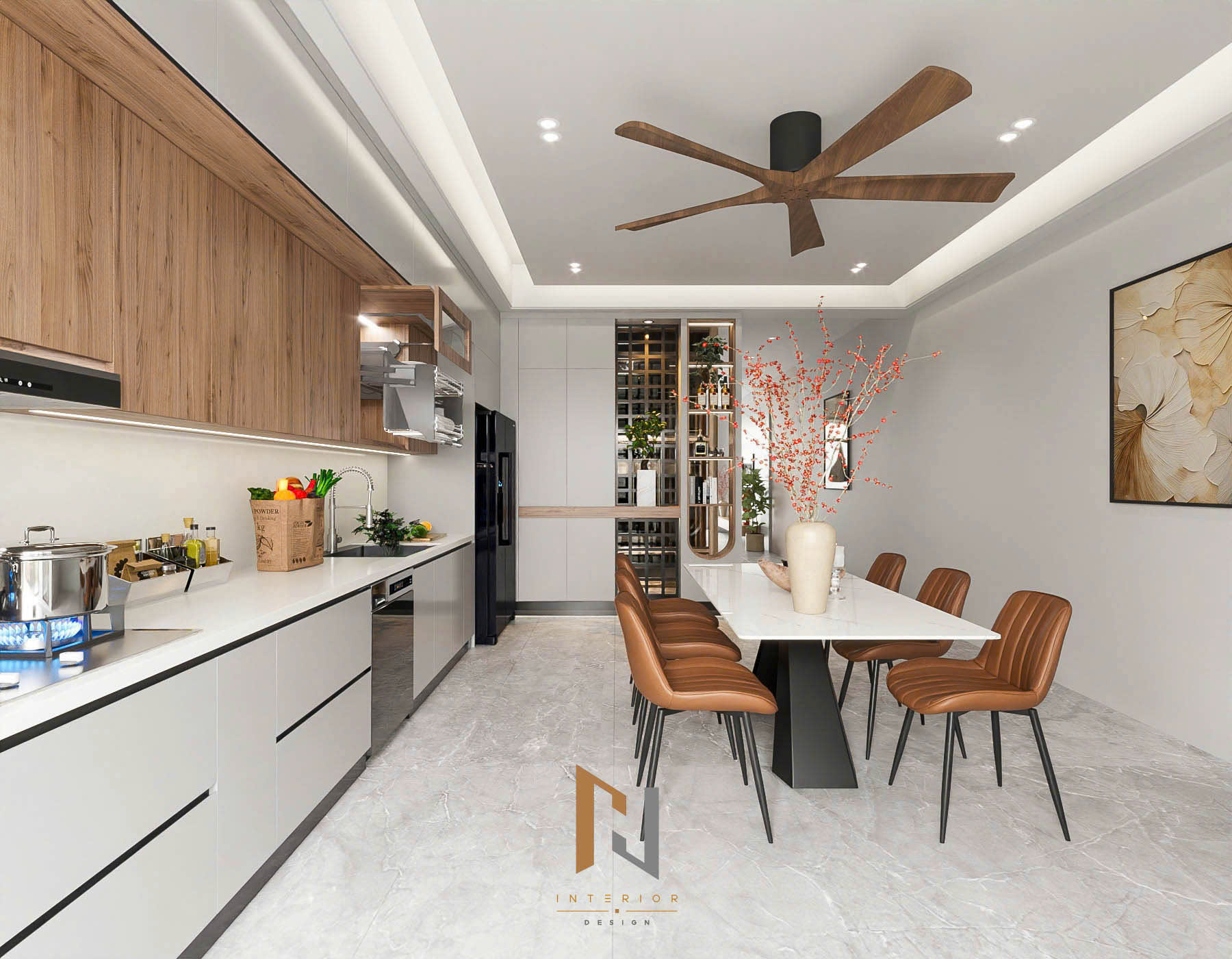 Phối cảnh 3D bếp–ăn nhìn về hệ tủ trang trí