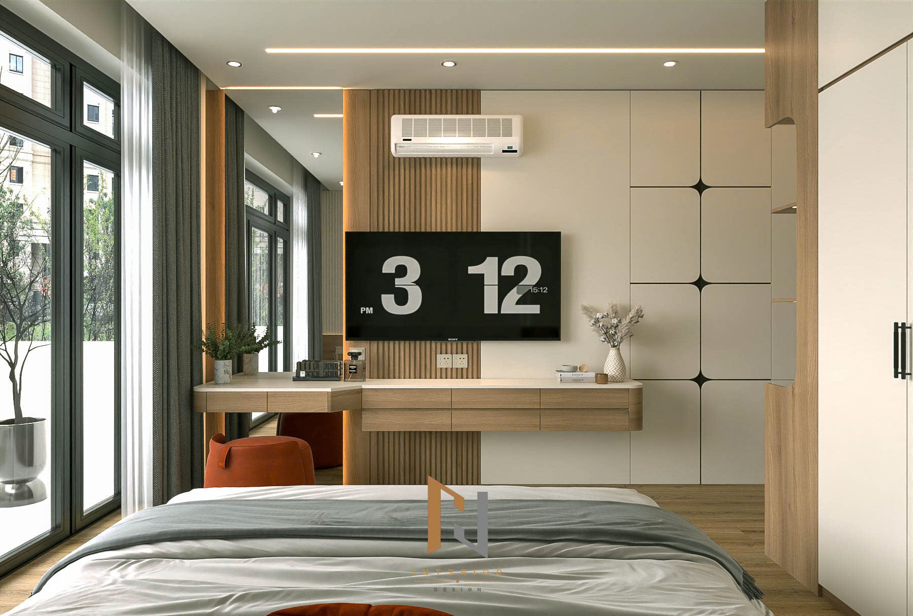 Hệ kệ TV kết hợp bàn trang điểm bên cửa sổ